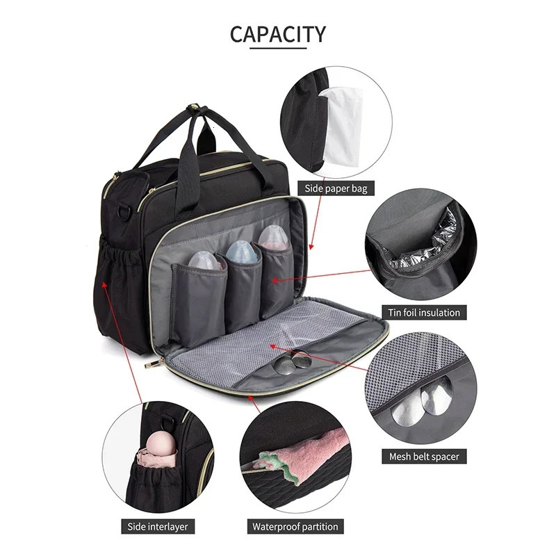 Waterproof Diaper bag black Nappy bag large capacity travel bag multifunctional pregnant and baby stroller bag type 250304