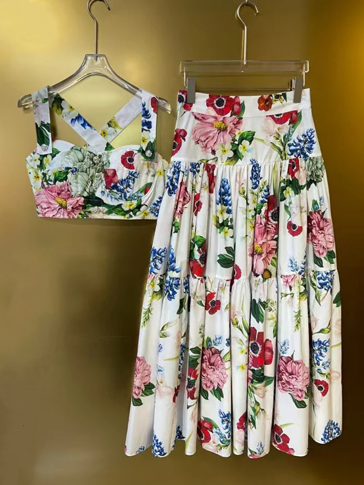 Vintage color print diamondbutton halter top breast twopiece set summer womens high waist loose skirt 250303