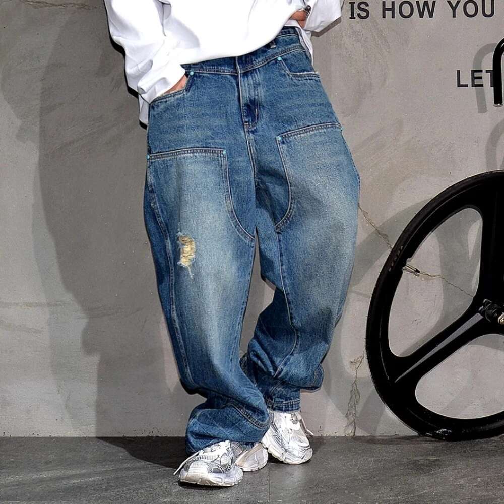 High End Baggy For Men Korean Fashion Stretch Denim Ripped Cargo Pants Hip Hop Trousers Streetwear Skateboard Jeans Male