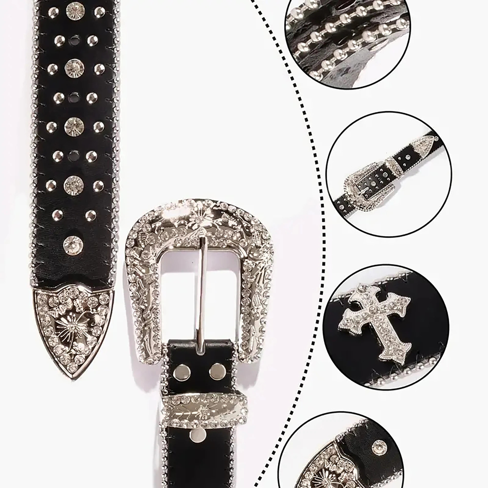 Black Cross Rivet Belt Engraved Buckle Rhinestone Decor PU Belt Hip Hop Jeans Pants Belt Punk Western Cowboy Cowgirl Belts 250227