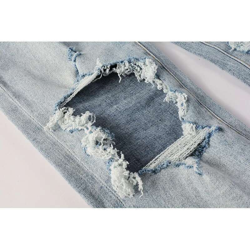 High Street American Fashion Style Light Blue Distressed Skinny And Slim Fit Destroyed Holes Ripped Jeans