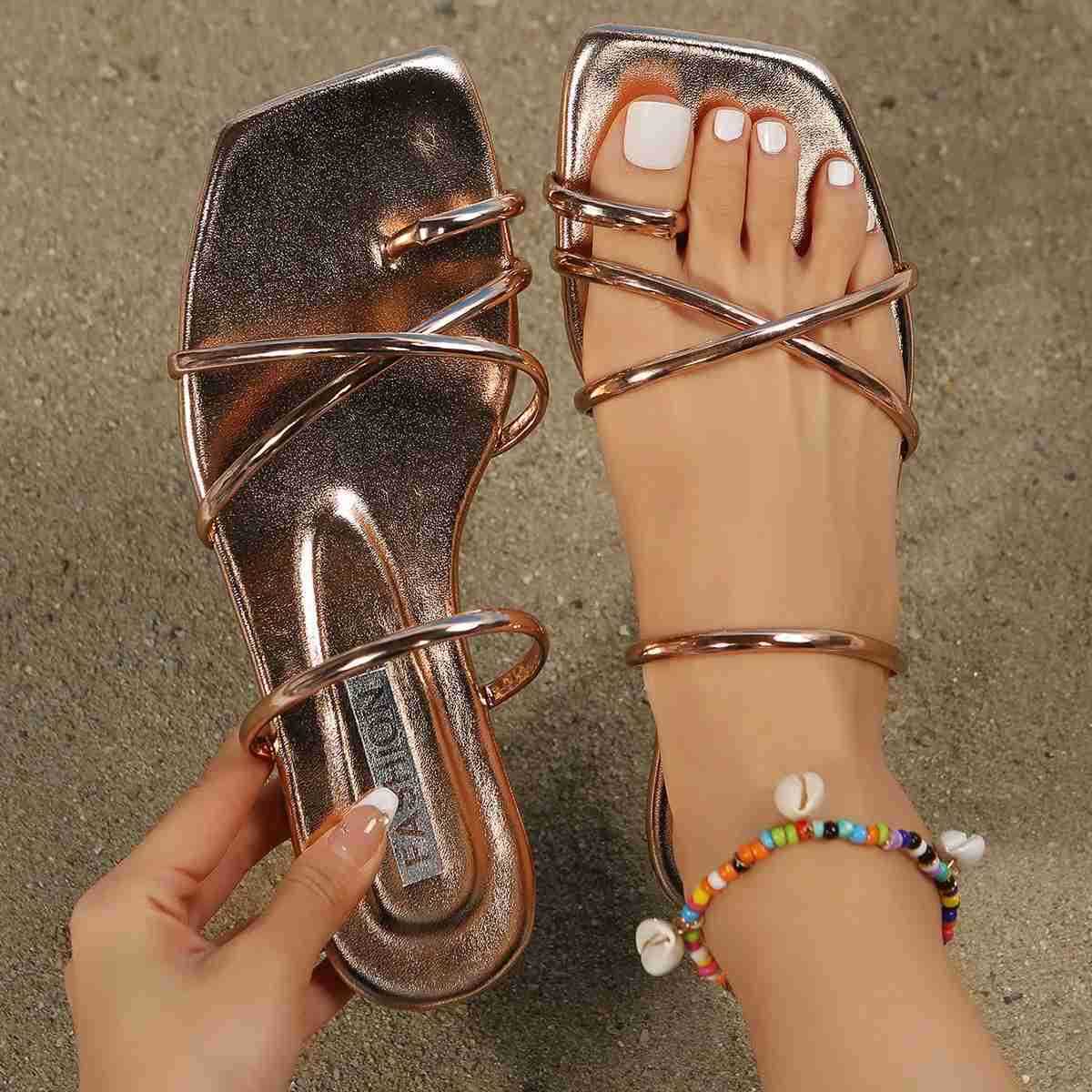 Summer Flat Fi Sandals Wen Candy Color Strap Cross Slipper Ladies Girl Flat Square Toe Strap Flip-flop Slippers Z250304
