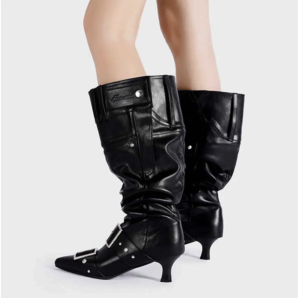 Brand Design Bronze Kitten H Wide Calf Pleated Boots Elegant Pointy Toe Modern Lady Mid-calf Boots Shoes Buckle Decor Z250304