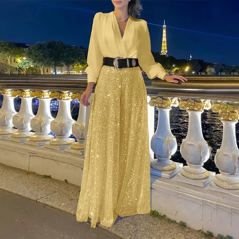 Womens Jumpsuit Fashion V-neck Long Sleeved Shirt with Elegant Temperament Slim Waist and Sequin Wide Leg Pants Autumn 250303