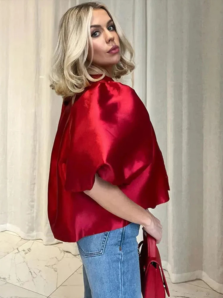 O Neck Lantern Short Sleeve Women Top Loose Solid Female Blouse Fashion Elegant Office Spring Summer Casual Lady Shirts 250228