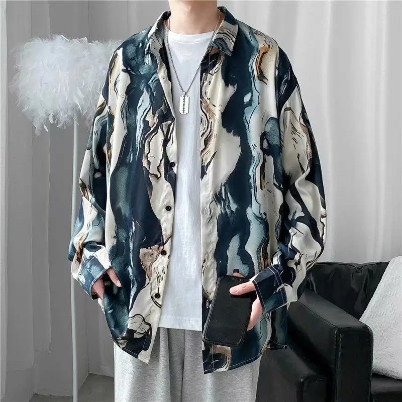 Harajuku Style Dark Retro Printed Unisex Shirt Loose and Slimming Long Sleeved Shirt for Mens Fashion 250227