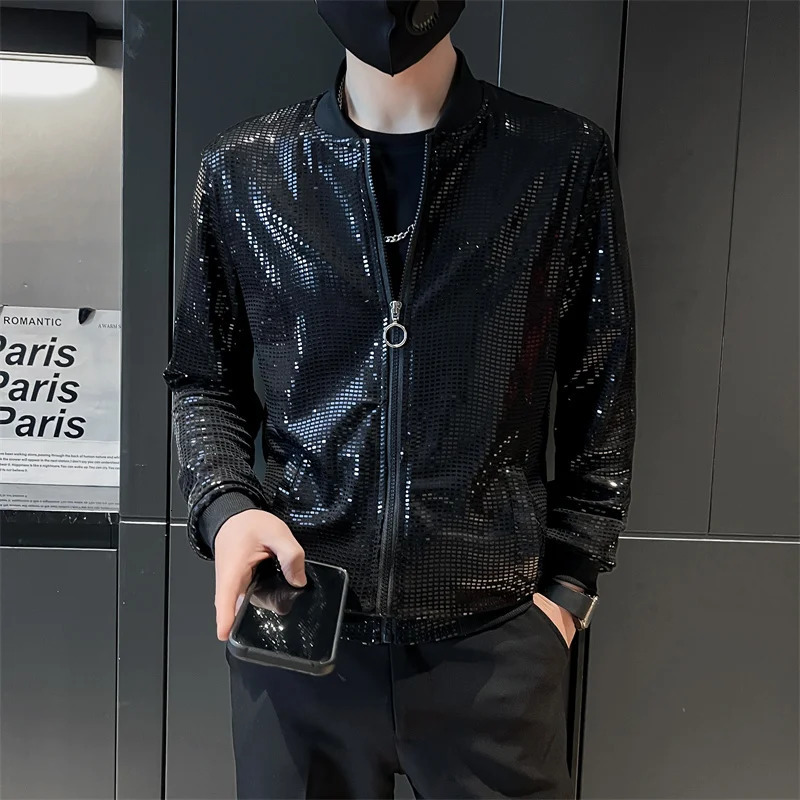 Y2K Mens Streetwear Night Club Stage Thin Motorcycle Jackets Fashion Men Hip Hop Sequined Bombers Jacket Coat Fashion Clothing 250303