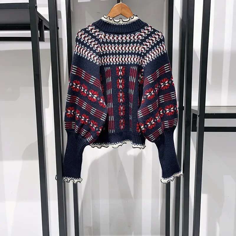 Women 2025 Autumn And Winter Retro Fair Isle Ruffle Stand Collar Double Zipper Balloon Sleeve Sweater Cardigan