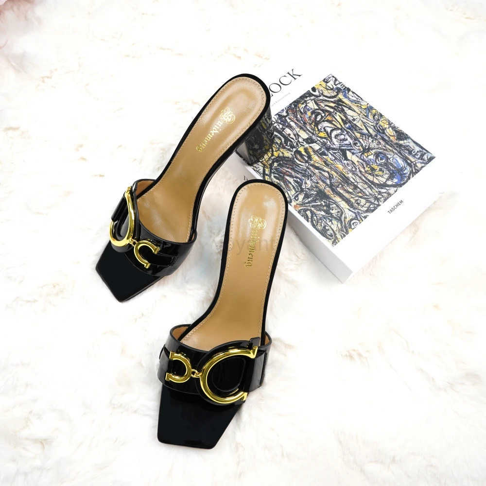 Fi ladies high h luxury leather slippers square toe wens shoes suitable for party and banquet slippers size 44 Z250304