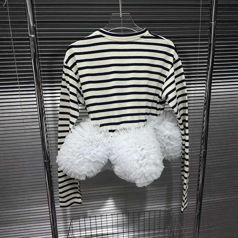 2025 Spring New Women's Trendy Stripe Contrast Color O-Neck Knitted T-Shirt Patchwork Wrinkle Mesh Tops Fashion 11A02241