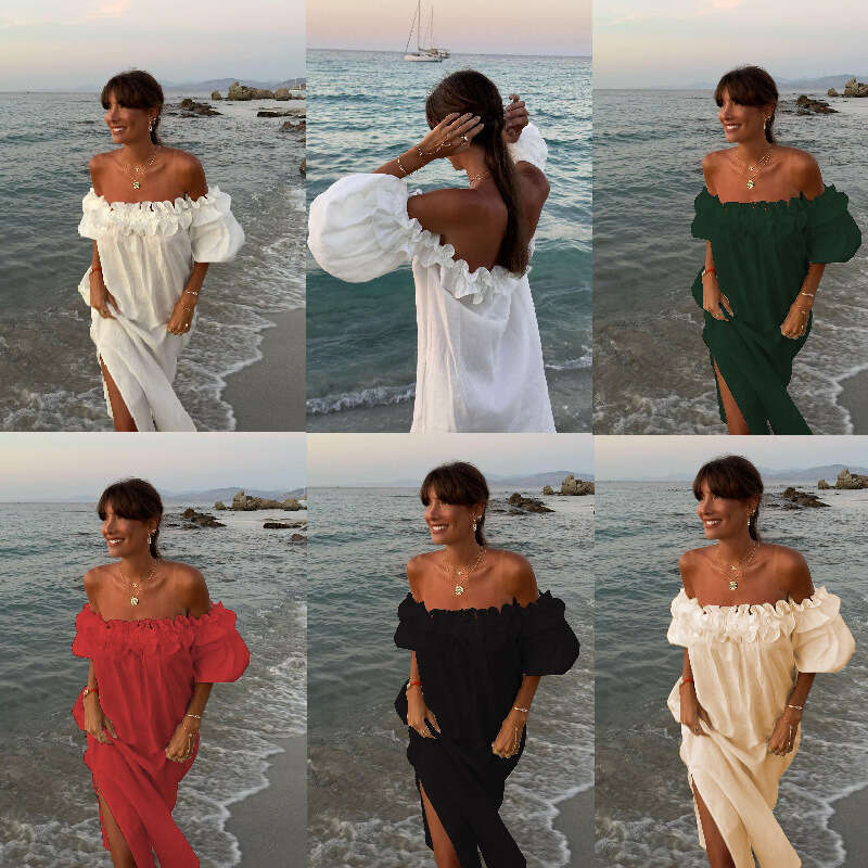 New European American solid color cotton en sexy one neck split vacation dress for women in 2025, with a unique and elegant temperament