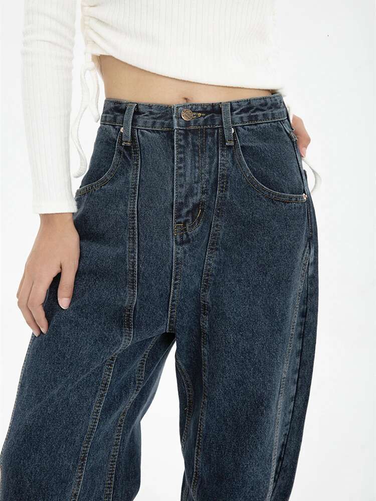 Dark Blue Womens Jeans High Waist Vintage Straight Baggy Pants Streetwear American Style Fashion Wide Leg Denim Trouser