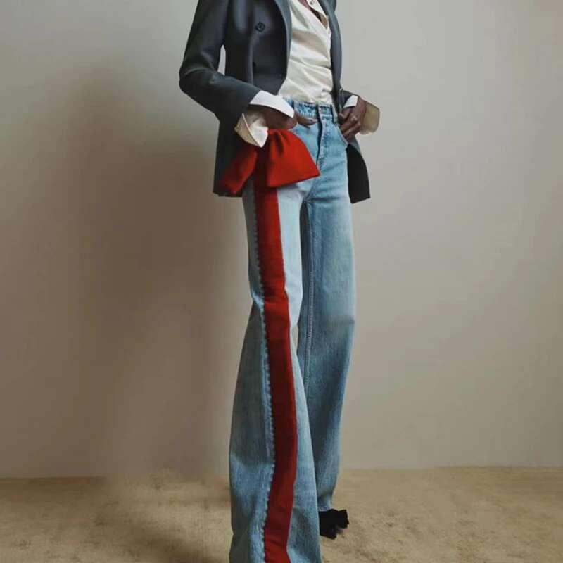 Fashion Contrast Color Bow Jeans Women's High Waist Versatile Slim Straight Casual Denim Pants Tide New