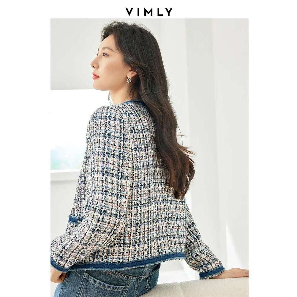 Vimly Plaid Tweed Cropped Jacket For Women 2024 Spring Patch Denim Design Elegant Fashion Lady Short Coat Female Outerwear M3288