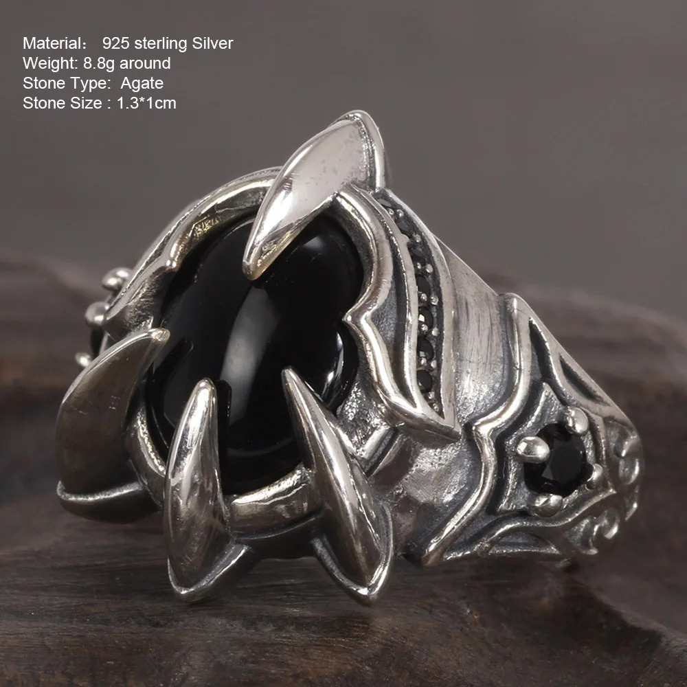 Real Pure 925 Silver Ring Cool Antique Paw Ring Mens Natural Stone Oval Black Agate Retro Hip Hop Adjustable Jewelry 250227