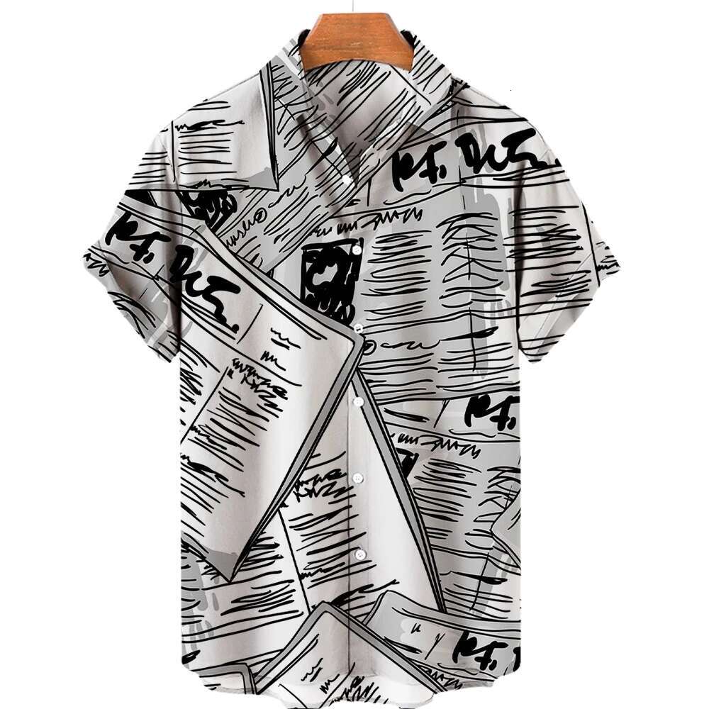 2025 Summer New Retro Fashion News Newspaper Designer 3D Printed Lapel Hawaiian Beach Breathable Comfortable Short Sleeve Men's Hip Hop Shirt