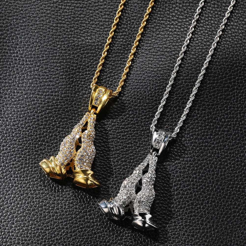 Classic Praying Hands Pendant Necklace Earrings 5A Zircon Boy Men Religion Jewelry
