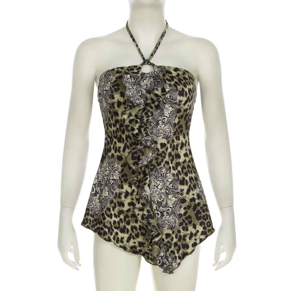 Vintage Halter Rockmore Neck Leopard Slip Top Summer Ruffled Hem Camis Vest Women's Fashion Tank Tops Aesthetic Chic Y2k Clothes