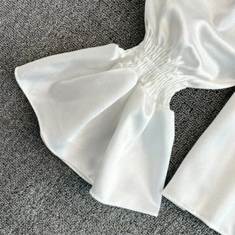 Vintage Solid Blouses Women Elegant Acetate Satin Stand Collar Flare Sleeve Chic Sweet Loose Ruffles Female Mujer 250303