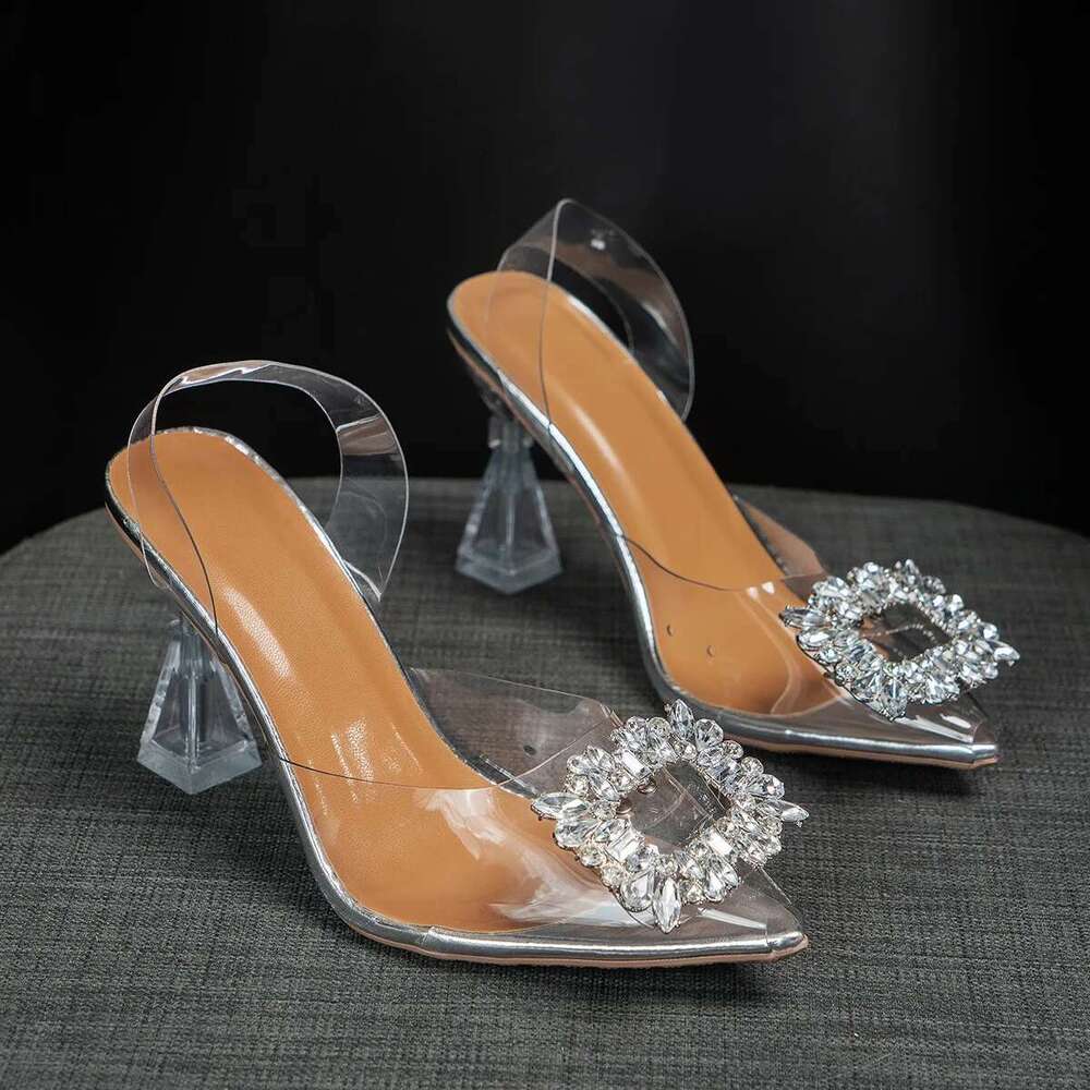 High Sandals Women Summer New PVC Square Crystal Pointed Toe Ladies Heels Transparent Shoes