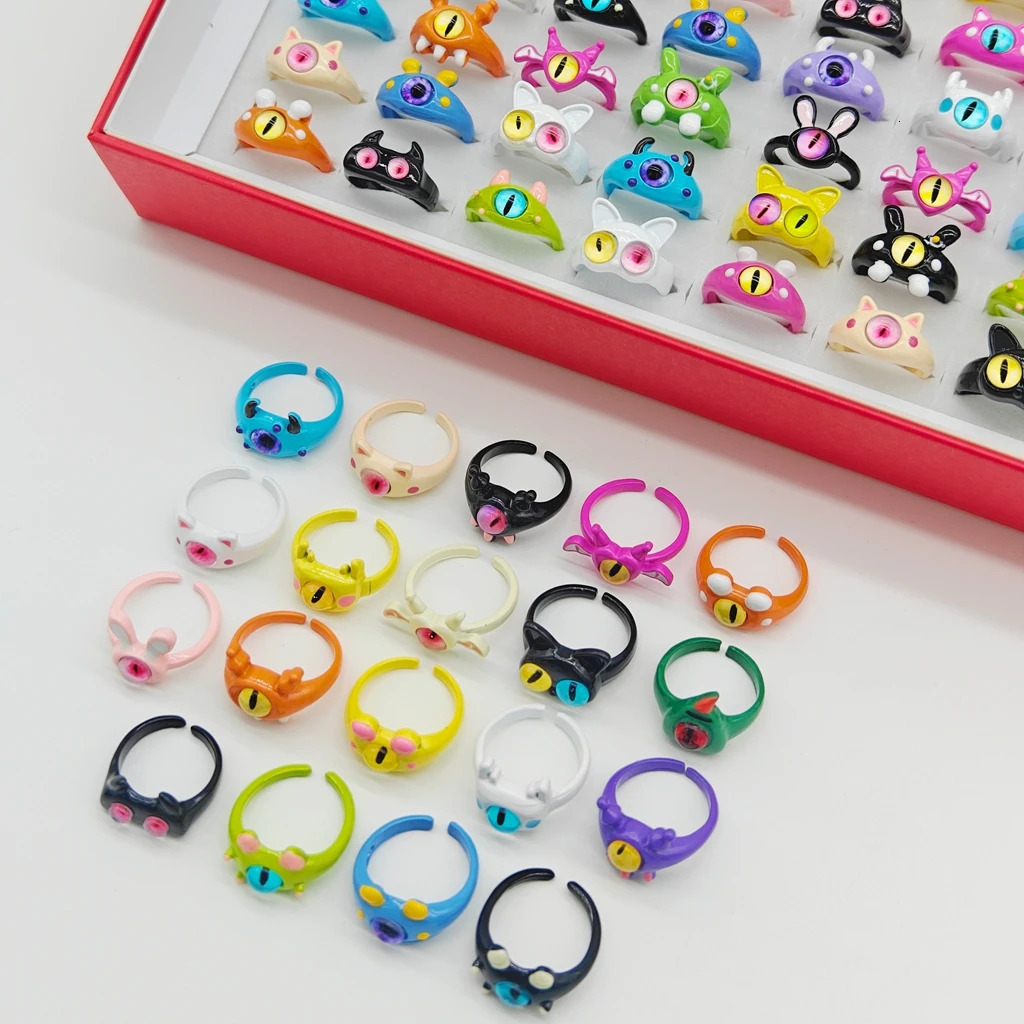 24/36pcs Wholesale Mix Cute Colorful Monster Animal Cartoon Rings Women Children Trendy Sweet Party Gift Finger Jewelry 250304