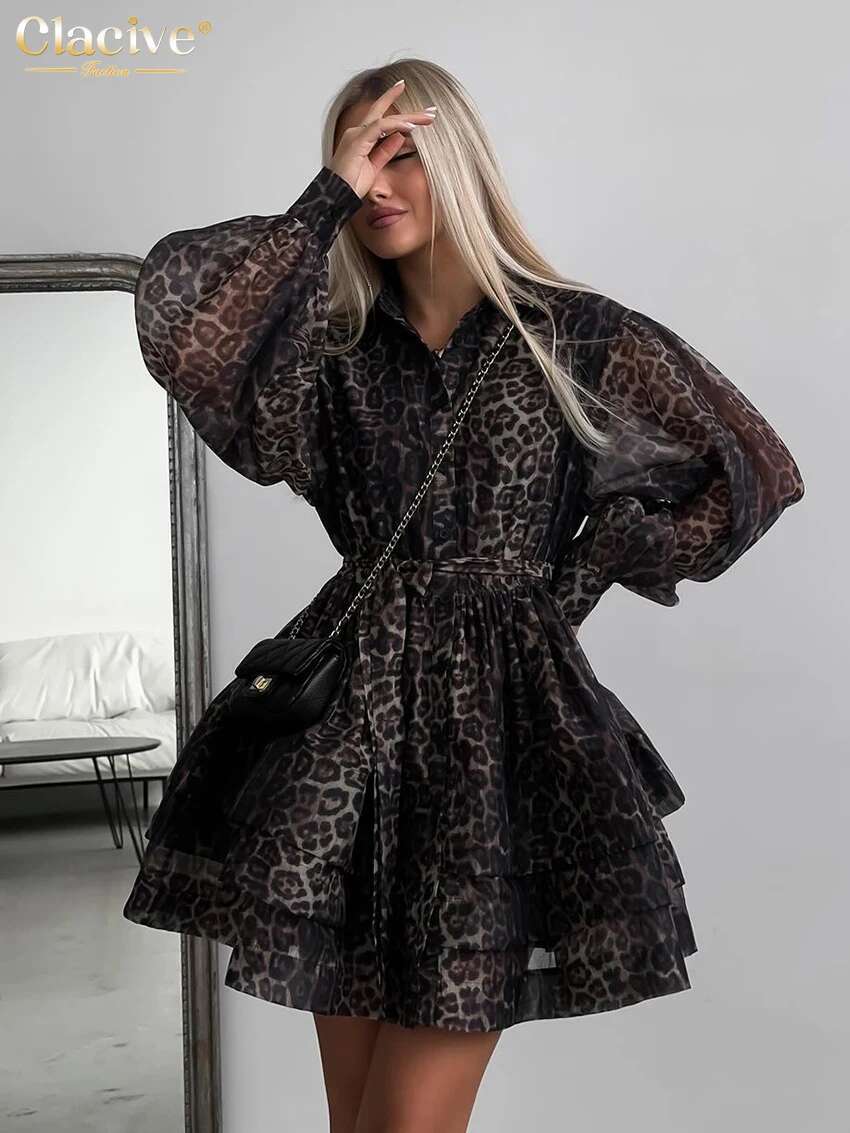 Clacive Fashion Leopard Print Women's 2024 Vintage Lapel Long Sleeve Mini Dresses Elegant High Waist Pleated Female Dress
