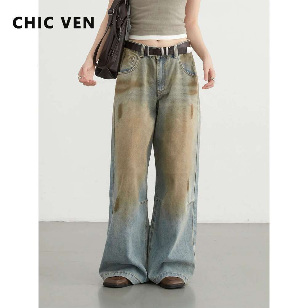 Leather Pants CHIC VEN Women High Waisted Dirty Dyed Jeans Vintage Casual Wide Leg Denim Pants Female Trousers Autumn