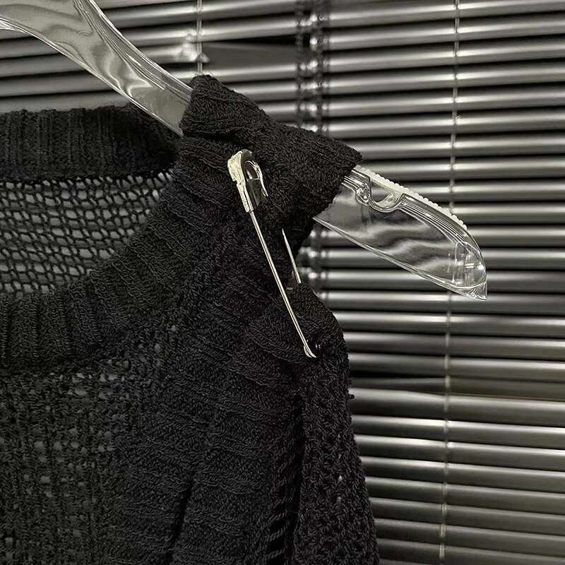 2025 Spring New Pin Fake Two Piece Knitted Shirt For Women Versatile Hollow Out Long Sleeved Top Female Trendy 11A0379