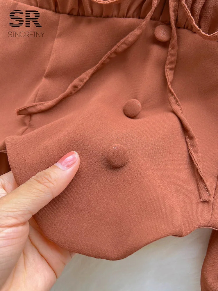 SINGREINY Flare Sleeve Women Tops Ruffle Solid Elastic Waist Halter Backless Chiffon Slim Ladies Harajuku Sexy Short Blouse 250228