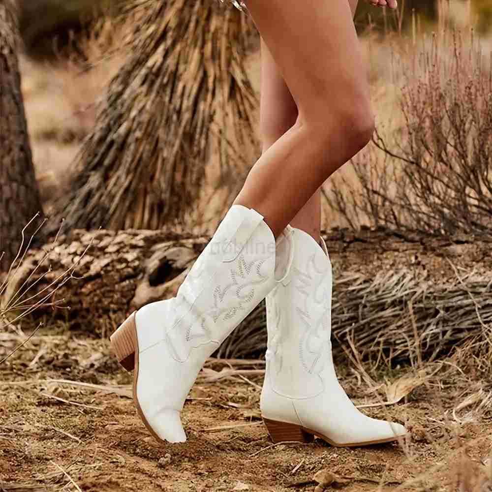 2024 Big size 43 Good Quality White Cowboy Boots Wen Vintage Block H Country Concert Mid-calf Wern Cowgirl Boots Shoes Z250304