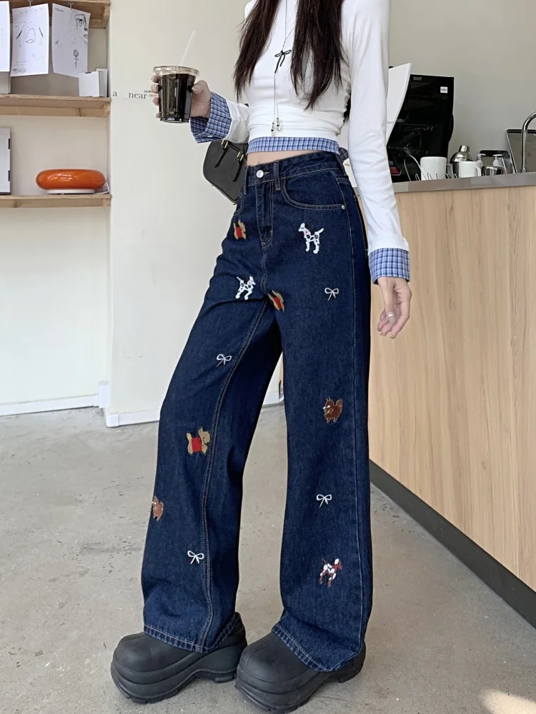 2024 Ropa Y2K Fashion Bow Dog Embroidery Bag Jeans Dress Deep Blue Straight Womens Denim Shorts 250227