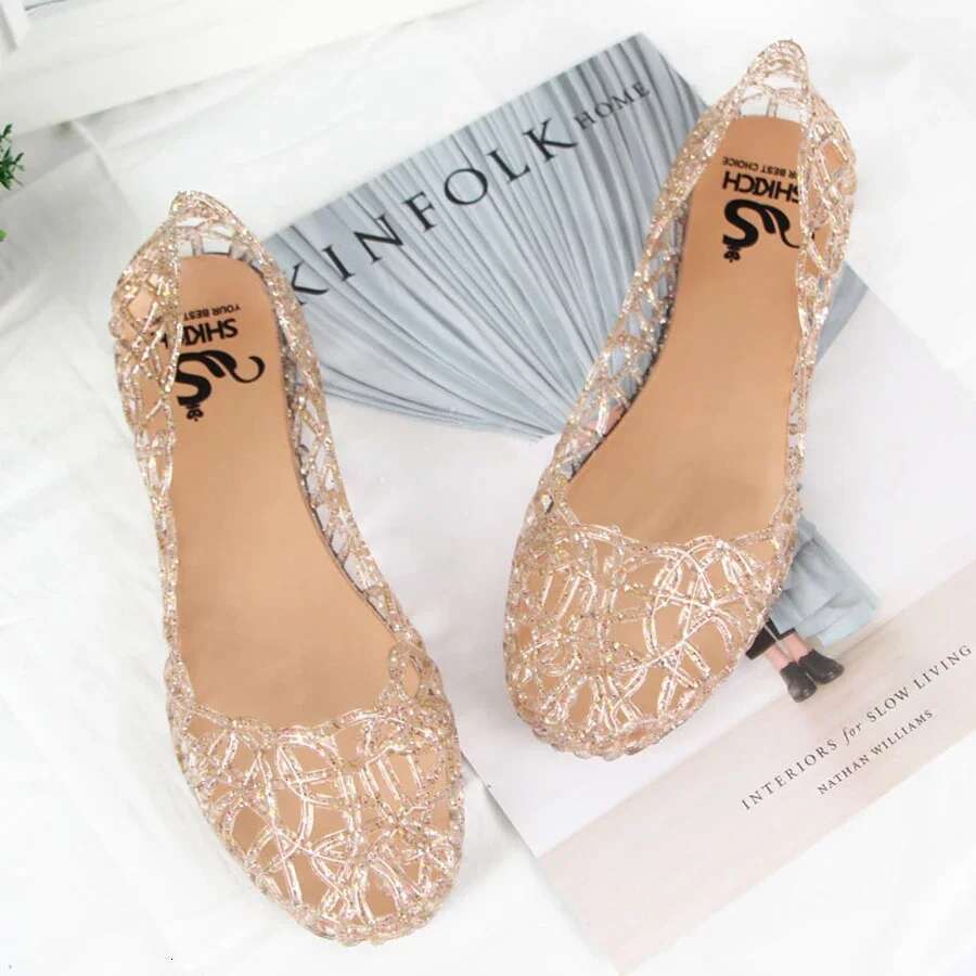 women crystal Summer clogs hollow flat-soled slip-ons shallow mouth Roman jelly shoes beach sandals