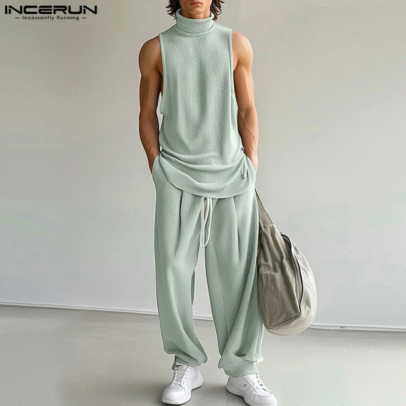 Men Sets Solid Color Streetwear Turtleneck Sleeveless Tank Tops Drawstring Pants 2PCS Fashion Mens Casual Suits INCERUN 250303