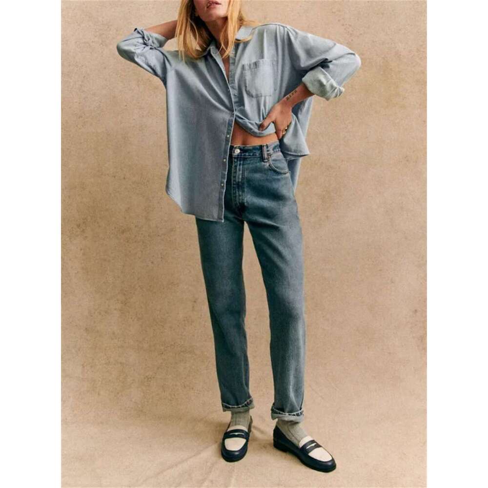 Women Long-Sleeved Cotton Denim Shirt Turn-Down Collar Single-Breasted Ladies Loose Casual Blouse Autumn New
