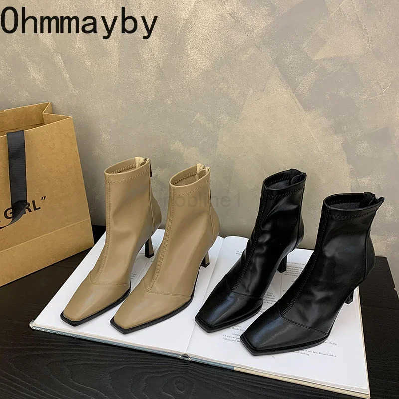 High Heel Wen Streh Slim Ankle Boots Fion Elegant Square Toe Short Booties Autumn Winter Laides Warm Fleeces Shoes Z250304