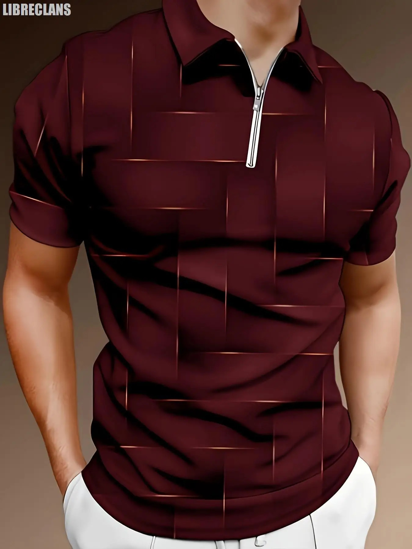 Vintage Gold Plaid Pattern 3D Printing Mens Zipper Polo Shirt Summer Fashion Short-Sleeved Top Harajuku Streetwear 250304