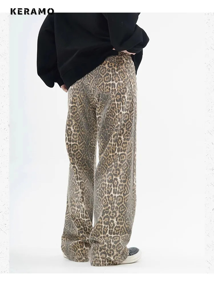 Vintage Leopard Print Jeans Women Spring Oversize Casual Hip Pop Wide Leg Trouser Trend High Waist Panther Denim Pants Ladies 250303
