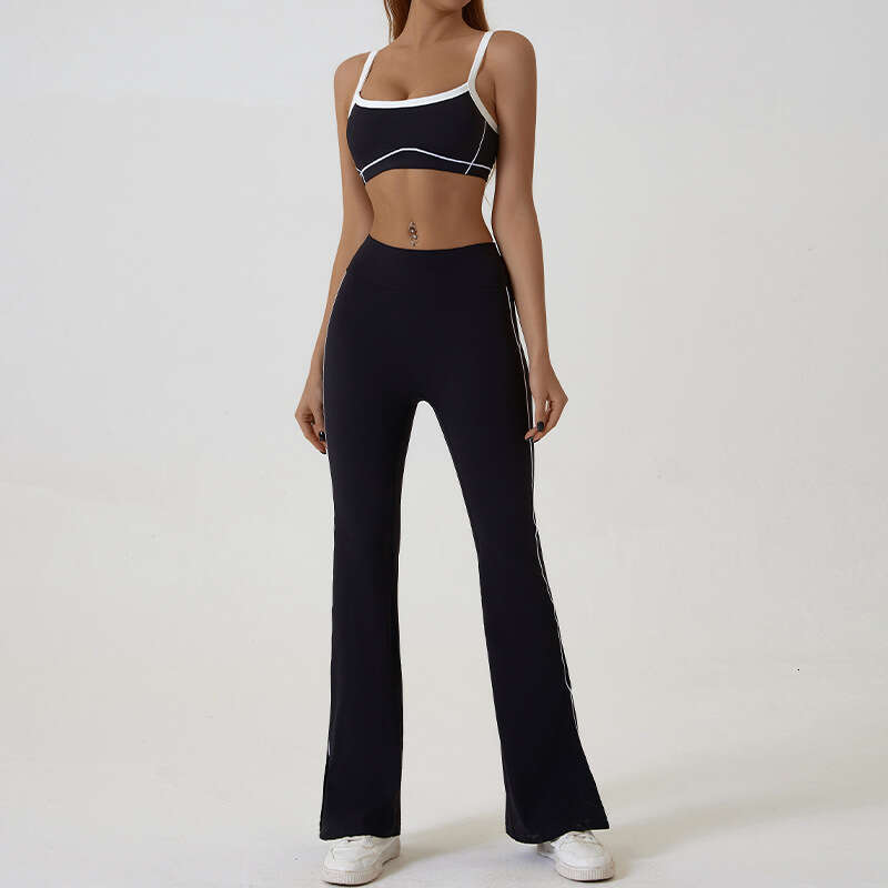 New European and American nude tight outdoor sports suit with thin shoulder contrasti colors, gerie straps, yoga clothes, 2025 new casual fashion tren