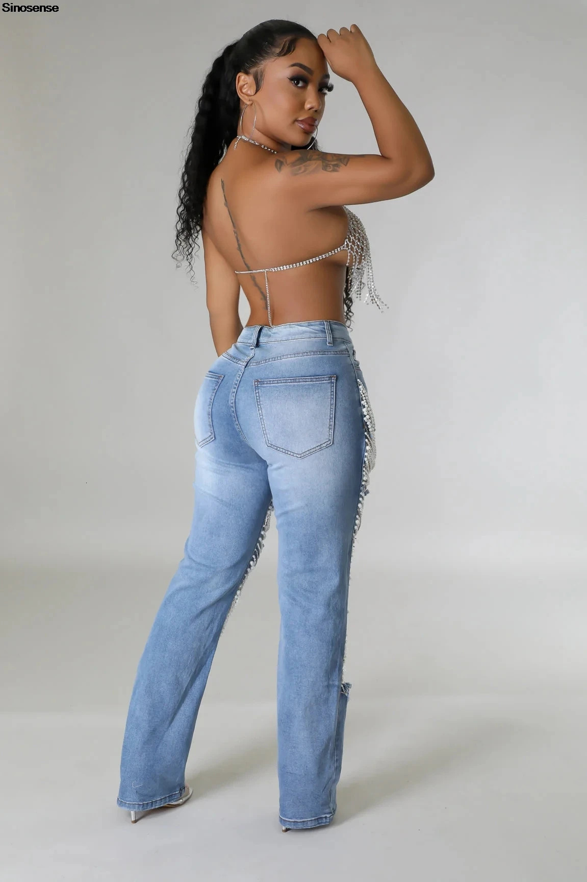 Womens Destroyed Ripped Hole Denim Pants Pearl s Chain Distressed Slim Fit Skinny Jeans Y2K Night Club Party 250227