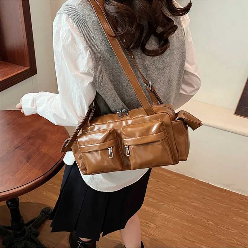 Brand Design Double Pocket Womens Underarm Bag 2025 Spring Ladies Cherry Red Shoulder Bag Y2k Girls Motorcycle Handbag Z250303
