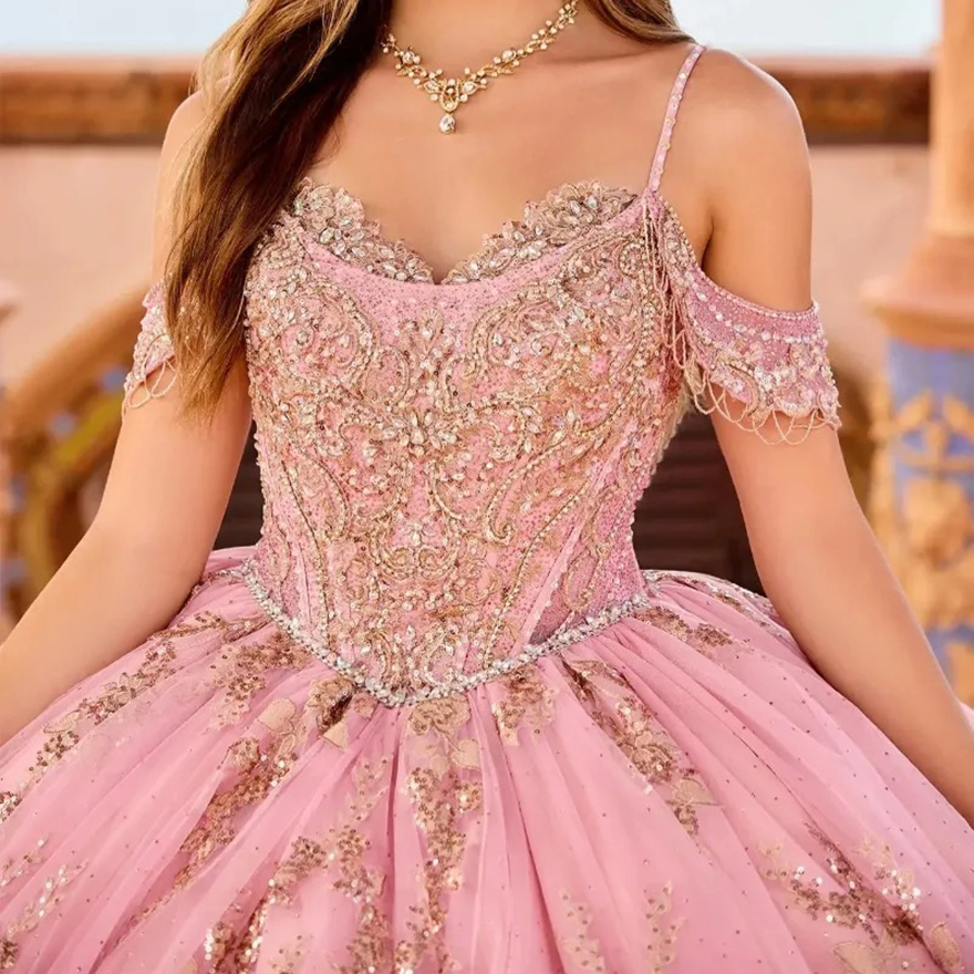 Pink Shiny Quinceanera Dress Princess Prom Gown Tulle Gold Appliques Lace Beads Sweet 15 16 Dress Vestidos De 15 Anos