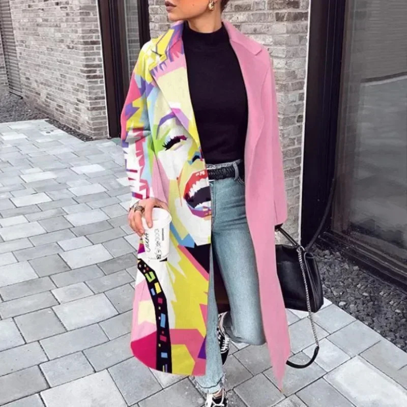 Long Sleeve Lapel Collar Print Loose Jacket Trench Outwear Tweed Elegant Women Coat Autumn Winter Y2K Clothes 250225