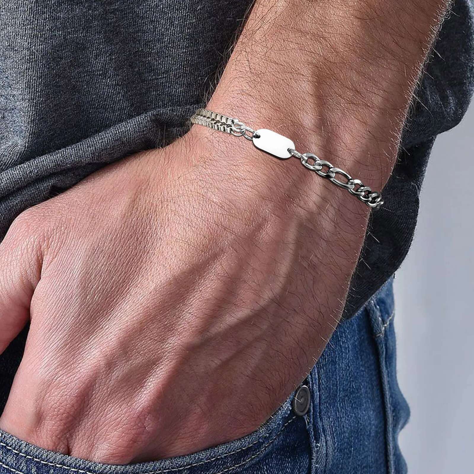 Vnox A-Z Initial Bracelets Men Women, Never Fade Figaro Chain, Double Layered Box k Chain Bracelets, Name Gift for Him