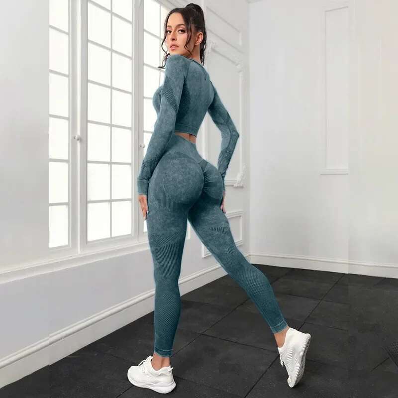 Mileegirl 2Pcs Gym Women, Seamless Sports Pants Hollow Out Tights Long Sleeves Fiess Sets Workout Legging Outifts Suits