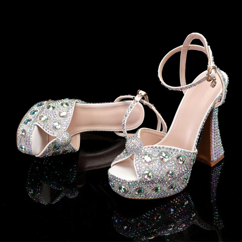 Handmade Full Rhinestones Peep toe Women Sandals Fashion Crystal Platform Wedges High heels Summer Wedding Sandals Shoes 250228