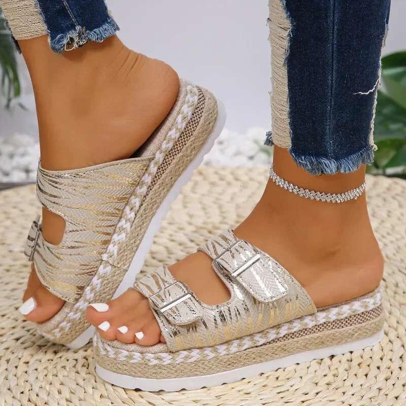 Women's Slippers Sandals Summer Thick Soled Large Size Women Belt Buckle Open Toe Twine Braided Bottom Fashion Flip-ps Shoes