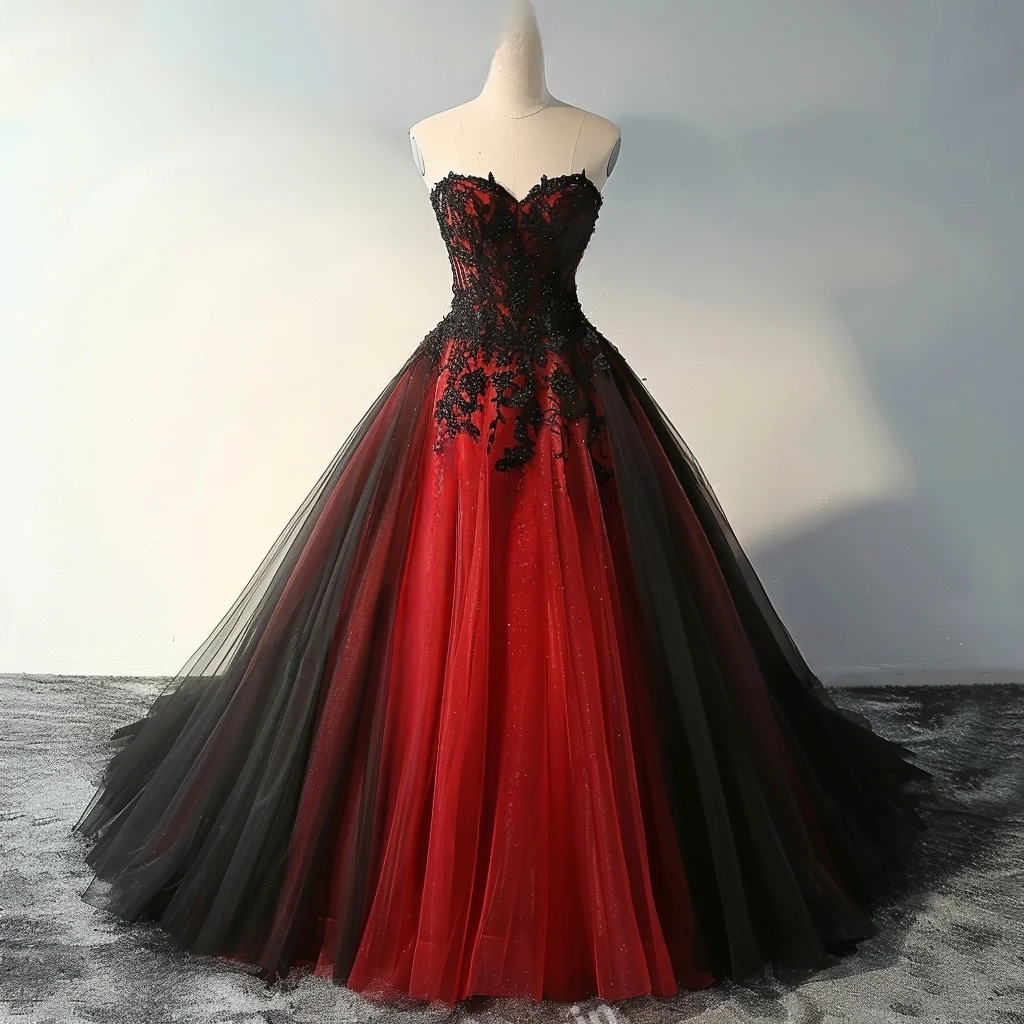 Vintage A-Line Gothic Wedding Dresses Black And Red Tulle Bridal Gowns Lace Appliques Long Vestido De Novia Back Lace-Up