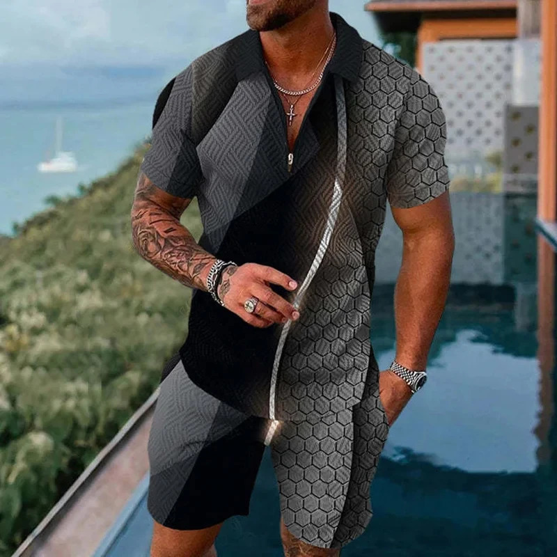 Solid Color Gradient 3D Print Men Polo shirts Set Zipper Lapel Polo Sets Zipper CollarShorts 2pcs Hawaii Holiday Man Clothing 250304