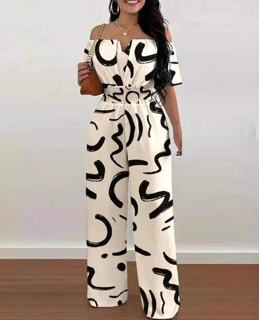 Summer Fashion Printed Wide Leg Jumpsuit Women Sexy Slash Neck Off-shoulder High Waist Jumpsuit Womem 250303