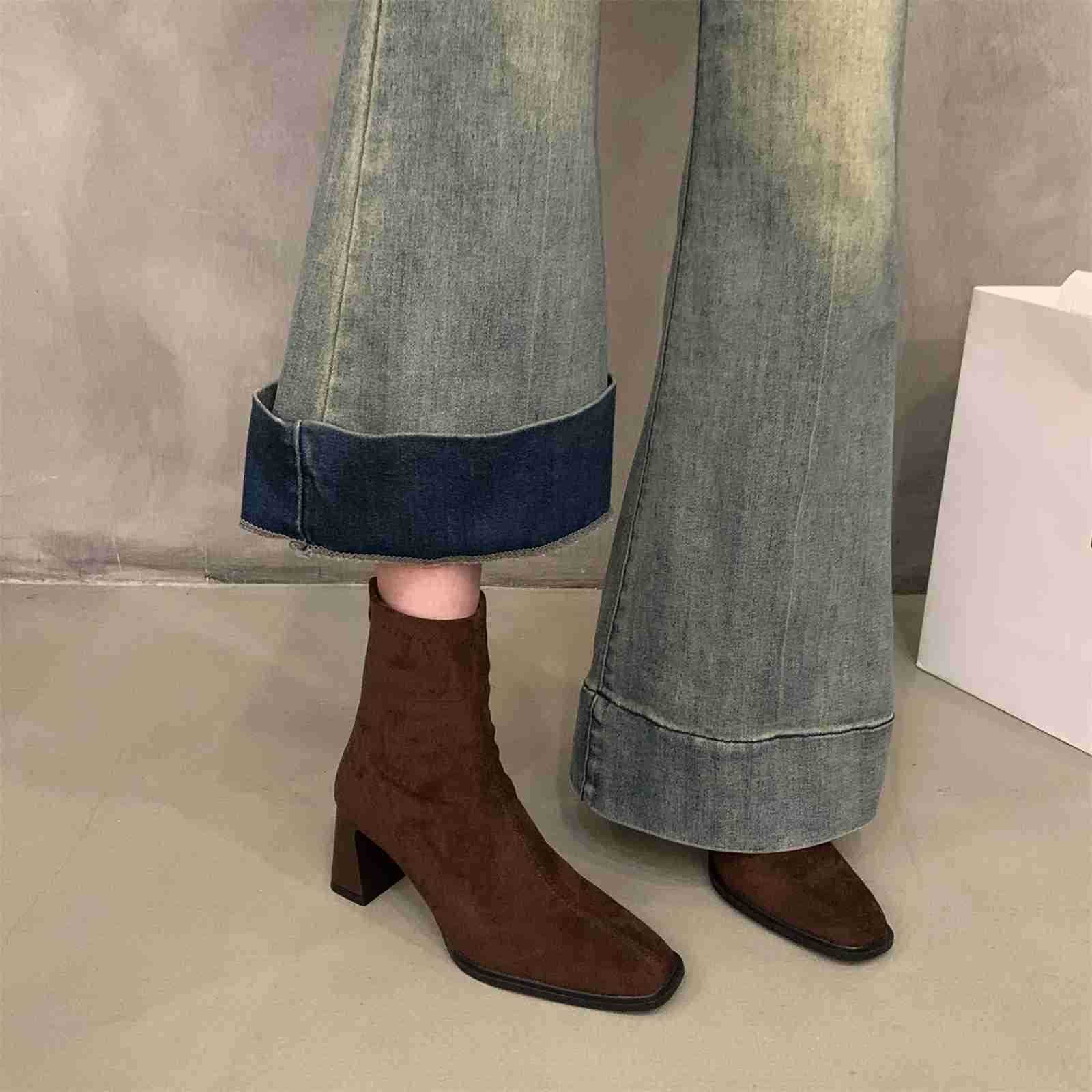 High Heel Korean Small Ankle Boots Suede Riding Boots Wens Shoes 2024 New Autumn and Winter Square Thin Short Boots Z250304